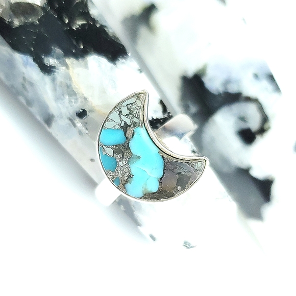 Sterling Silver Turquoise and Pyrite Crescent Moon Ring Size 7 - Picture 4 of 16